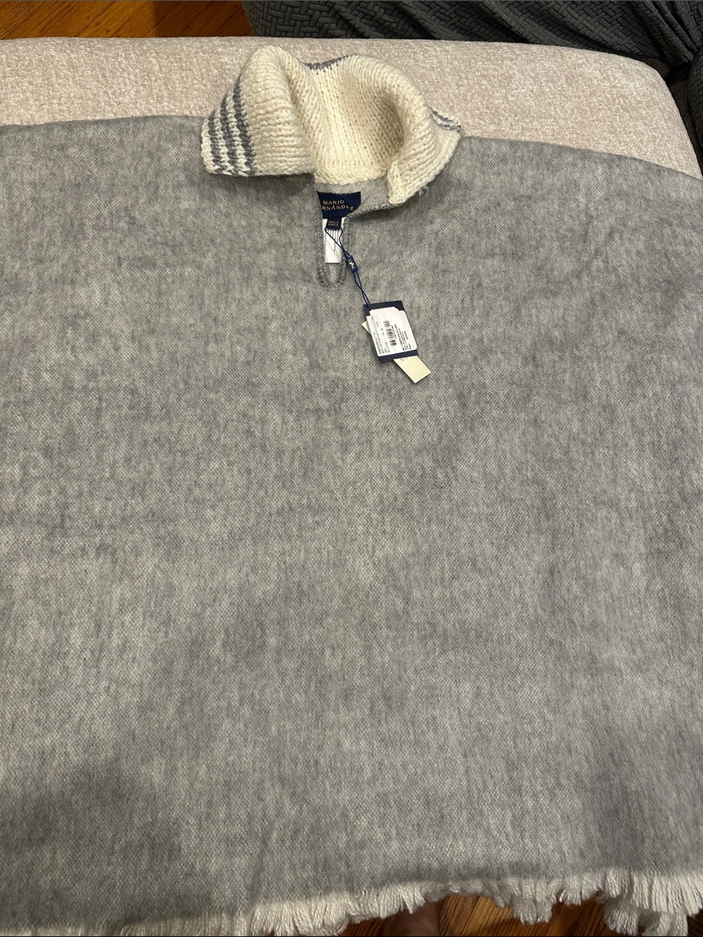 Gray Knit Poncho with Cream Ribbed Collar — authentic Colombian designer
